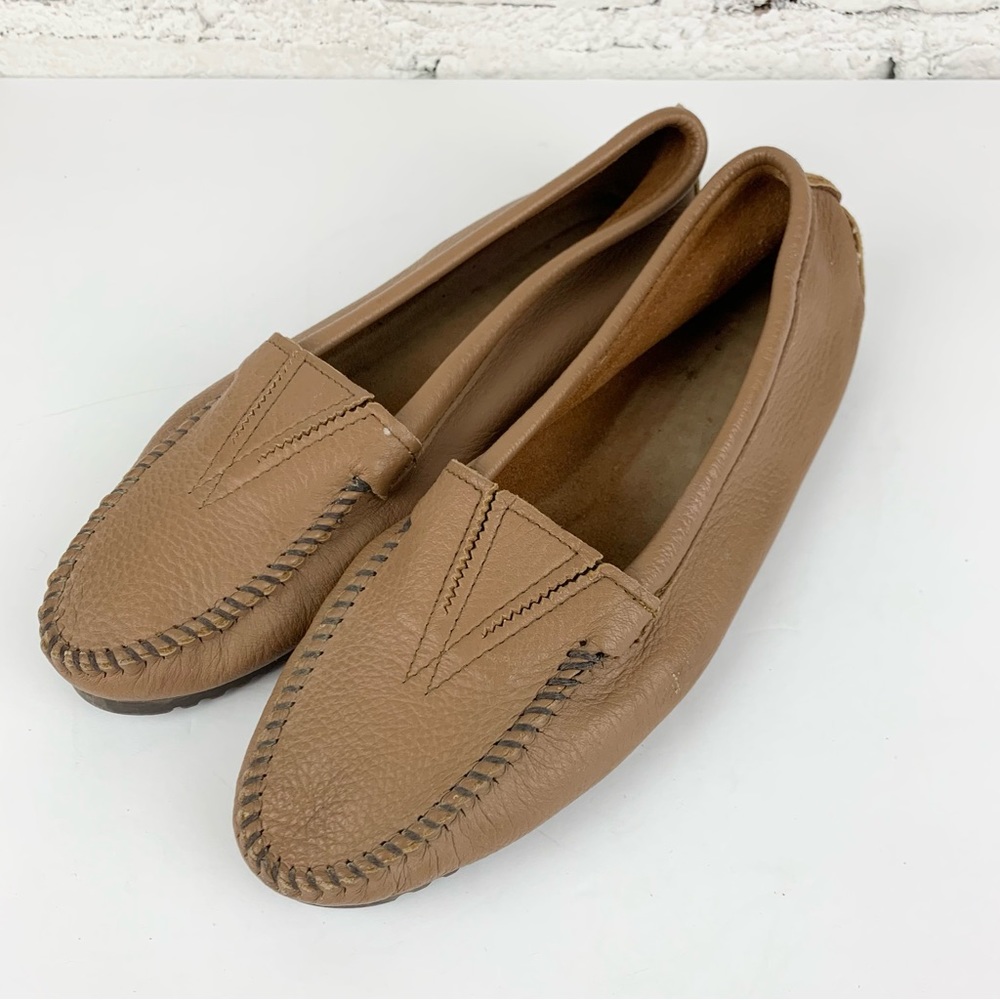 Minnetonka Deerskin Gore Soft Leather Slip On Moccasin Driving Loafers Brown 11